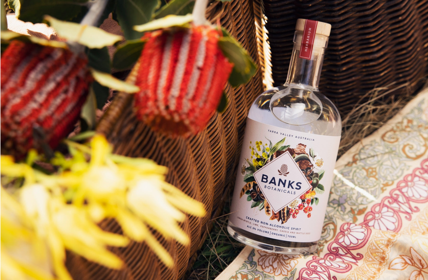 non-alcoholic spirit on picnic blanket